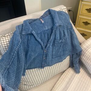 Free People Faded cropped Long Sleeve Blue Shirt